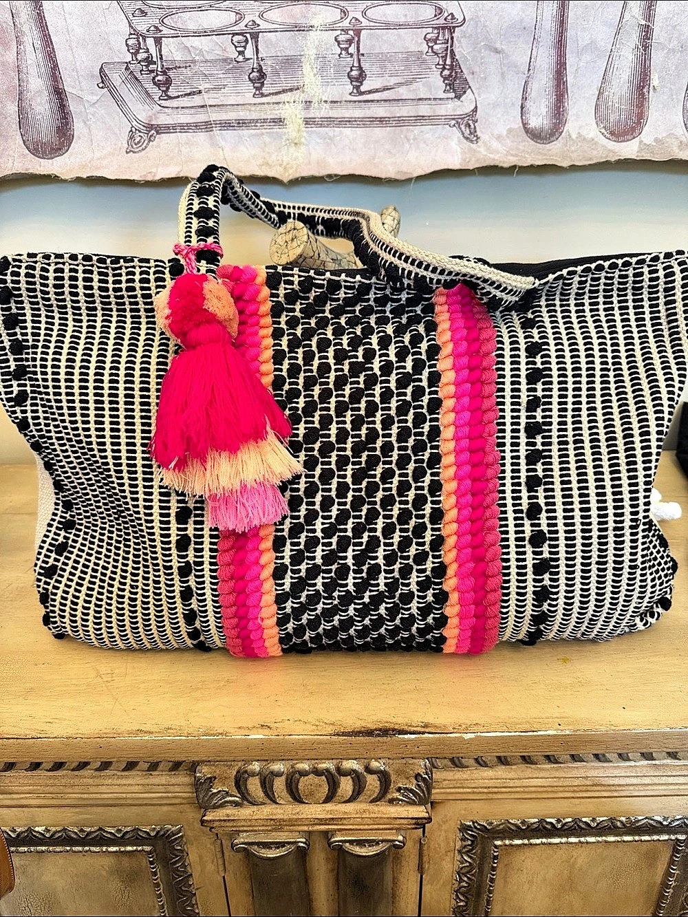 AB (America & Beyond) ) Woven Tassel Tote in Black & Pink
